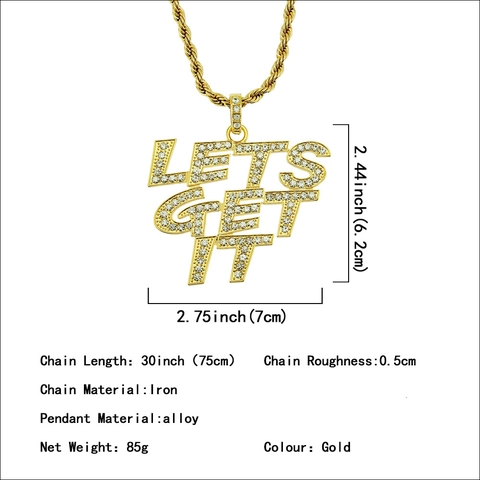 Hip Hop Iced Out Let's Get It Letter Pendant Necklace Gold Color Alloy Rhinestone Paved Rope Chain Streetwear Jewelry For Men
