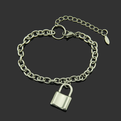 Bracciale a Catena con Ciondolo a Lucchetto Lucido in Lega d'Argento Minimalista per Donna Uomo Regolabile Punk Fashion Gioielli