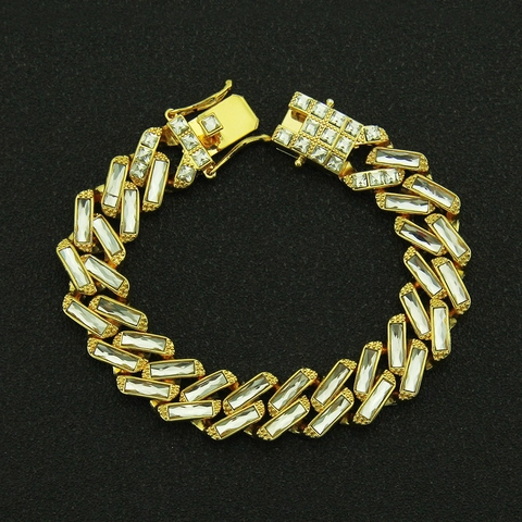 Bracelet Chaîne Cubaine Hip Hop pour Hommes en Alliage avec Strass Baguette Plaqué Or Argent Bracelet Chaîne Épaisse Bijoux de Mode