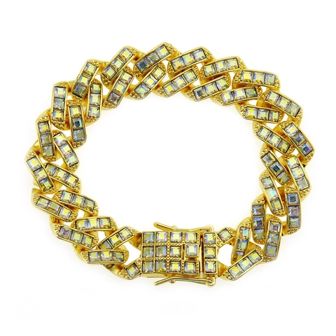 Men Hip Hop Bold Cuban Link Bracelet Alloy Gold Silver Plated Iced Out Square Rhinestone Colorful Hand Jewelry Gift