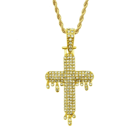 Collana con Pendente a Croce Hip Hop in Lega con Strass Intarsiati Gioielli per Uomo Donna Oro Argento Catena a Corda
