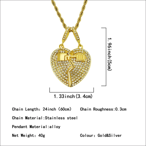 Collier Pendentif Cœur Brisé en Alliage et Acier Inoxydable Hip Hop pour Hommes Femmes Or Argent Strass Chaîne Bijoux de Rue
