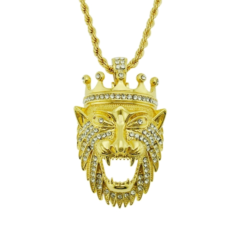 Hip Hop Leeuwenkop Hanger Ketting Met Kroon Strass Iced Out Legering Leeuw Ketting Goud Zilver Torsieketting Sieraden