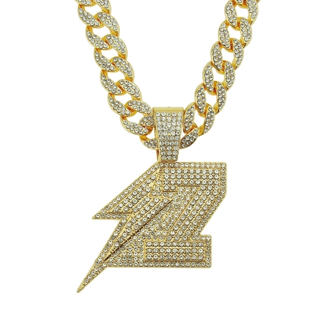 Collana con Ciondolo Lettera Z Fulmine Hip Hop Iced Out in Lega Dorata con Strass Catena Cubana da Uomo