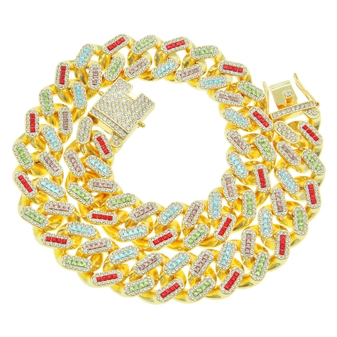 Hip Hop Men Iced Out Multi Color Rhinestone Cuban Link Necklace Alloy Gold Silver Plated Streetwear Fashion Jewelry Chain