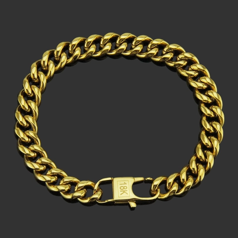 Hip Hop Men's Stainless Steel Cuban Link Bracelet Gold Plated Rhinestone Inlaid Jewelry Wide Chain Bracelet For Party Daily