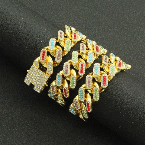 Hip Hop Herren Iced Out Panzerkette Legierung 3 Reihen Bunte Strass Dicke Kette Choker Schmuck Für Party Clubwear