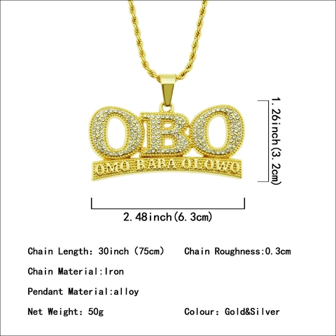 Collana Con Ciondolo a Lettera OBO in Lega di Strass Hip Hop Punk per Uomo Catena a Corda Placcata Oro Argento Gioielli di Moda