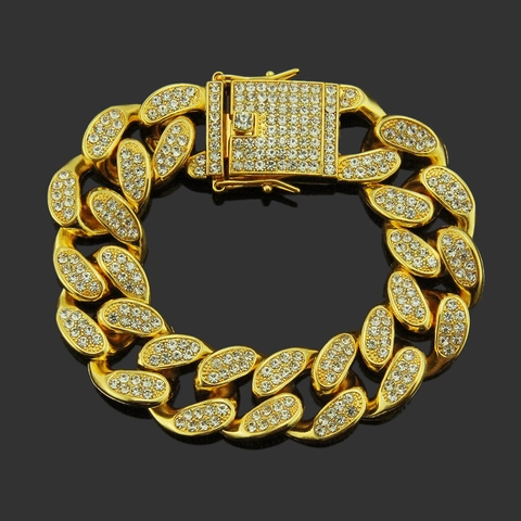 Pulsera de Eslabón Cubano Hip Hop para Hombre Iced Out Aleación Diamantes de Imitación Pavé Streetwear Joyería de Lujo Pulsera para Hombre Regalo