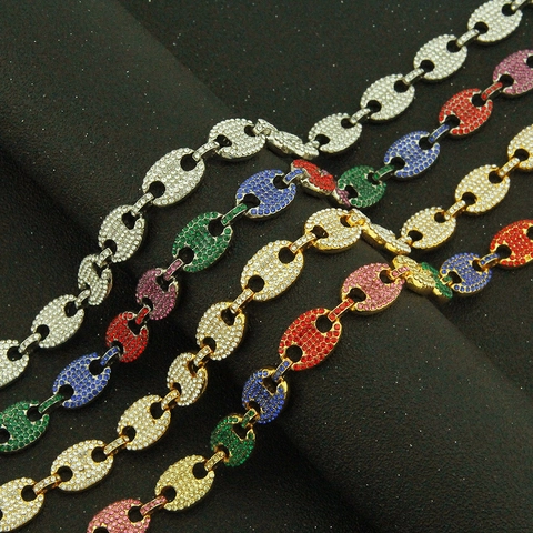 Hip Hop Alloy Puffed Mariner Link Chain Necklace For Men Colorful White Rhinestone Inlaid Coffee Bean Pig Nose Buckle Necklace