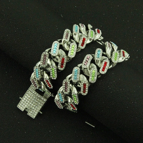 Bracciale a Maglia Cubana Miami Hip Hop da Uomo Largo in Lega con Strass Intarsiati Lussuoso Gioiello Streetwear per Uomo