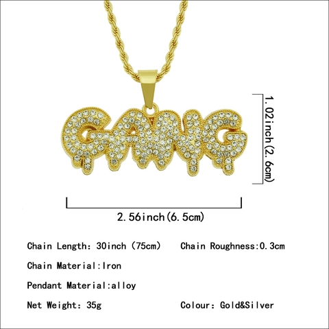 Collana con Ciondolo Lettera Gang Hip Hop per Uomo Strass Ghiacciato Lega Catena a Corda Gioielli Streetwear Oro Argento