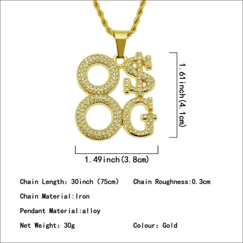 Men's Hip Hop Alloy Rhinestone Dollar Sign G 88 Pendant Necklace Gold Color Twist Rope Chain Streetwear Accessory Jewelry