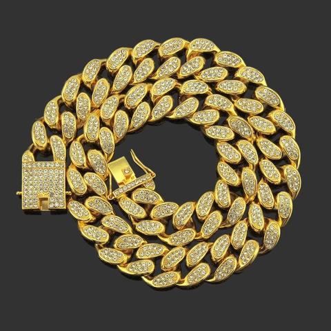 Collier Chaîne Cubaine de Luxe en Alliage avec Strass pour Hommes Style Hip Hop Épais Bijoux Électroplaqués Iced Out Cadeau
