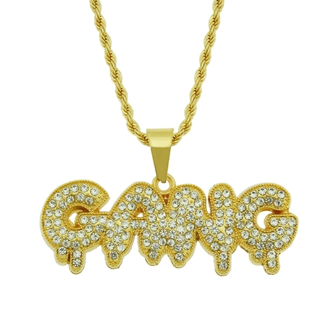 Collar Con Colgante De Letra GANG De Hip Hop Para Hombre Diamante De Imitación Incrustado Aleación Hierro Cadena De Cuerda Joyería De Moda Streetwear Collar De Discoteca