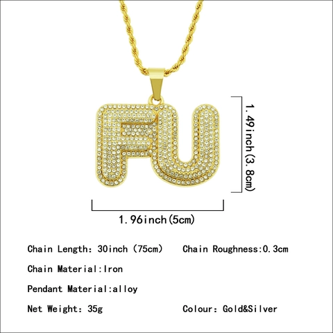 Collar con Colgante Grande de Letra FU de Hip Hop para Hombre Iced Out Aleación de Zinc Cadena de Cuerda Diamantes de Imitación Joyería Street Wear