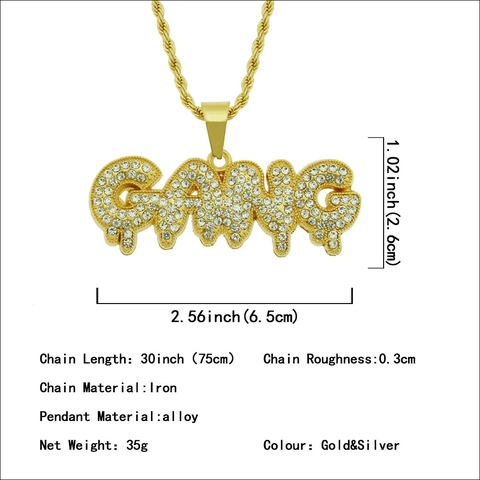 Collar Con Colgante De Letra GANG De Hip Hop Para Hombre Diamante De Imitación Incrustado Aleación Hierro Cadena De Cuerda Joyería De Moda Streetwear Collar De Discoteca