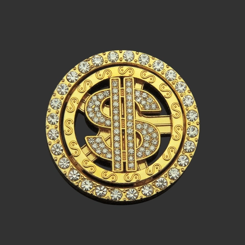 Accessorio per Custodia Telefono con Segno Dollaro USA Rotante Hip Hop Intarsiato con Strass Lega Placcata Oro Pendente