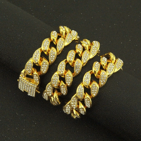 Collier Bracelet Mailles Gourmette Hip Hop Iced Out pour Hommes en Alliage Strass Miami Bijoux Cadeau