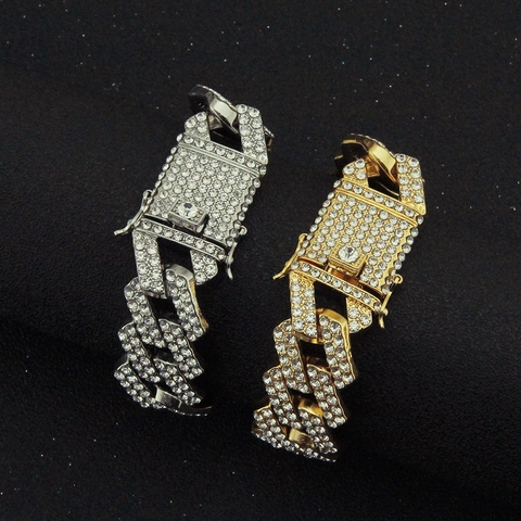 Bracciale da Uomo Hip Hop Maglia Cubana in Lega con Strass Intarsiati Braccialetto a Catena Geometrica Oro Argento Largo Gioielli