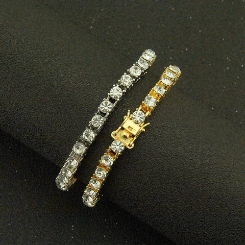 Bracciale Tennis da Uomo Hip Hop Fila Singola di Strass in Lega Dorata Con Chiusura di Sicurezza