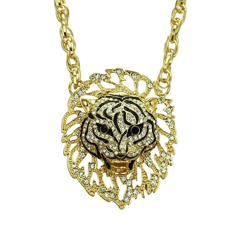 Collar de Pendiente de Cabeza de León Iced Out Hip Hop Rock Aleación Incrustado de Strass Cabeza de Tigre Cadena de Torsión Joyería de Moda