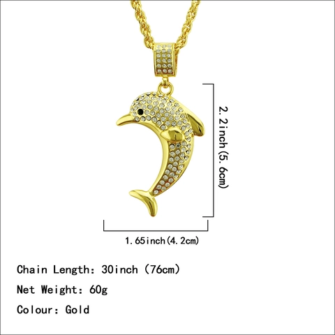 Collar con Colgante de Delfín 3D Hip Hop para Hombre y Mujer Aleación Chapada en Oro Incrustada de Strass Joyería Streetwear