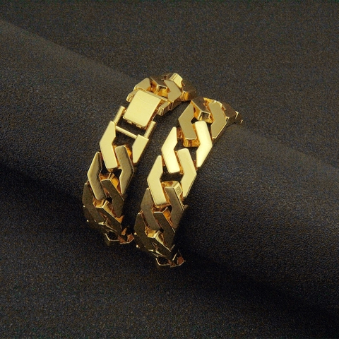 Hip Hop Men's Wide Gold Color Alloy Cuban Link Bracelet With Rhinestone Luxurious Geometric Punk Fashion Jewelry Gift