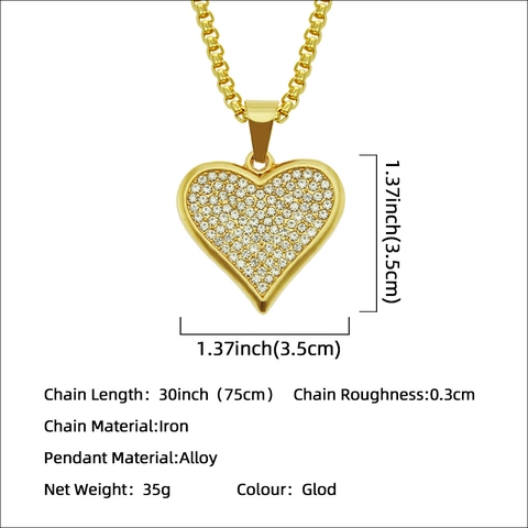 Collana con Pendente a Cuore in Lega Placcata Oro Hip Hop con Pavè di Strass Catena a Box per Uomo Gioielli alla Moda Regalo