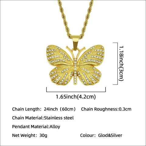 Hip Hop Iced Out Butterfly Pendant Necklace For Men And Women Alloy Rhinestone Butterfly Jewelry With Stainless Steel Rope Chain