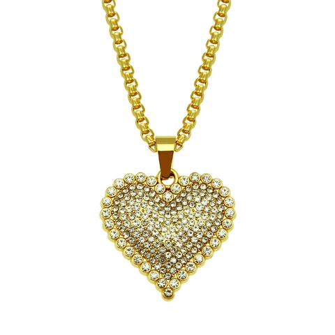 Fashion Zinc Alloy Rhinestone Heart Pendant Necklace Gold Iron Box Chain For Women Men Hip Hop Couple Jewelry Neckwear