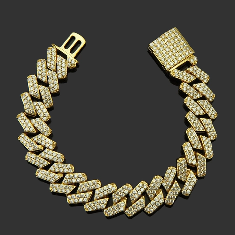 Bracciale Cuban Link Hip Hop da Uomo in Rame con Zirconia Intarsiata Oro Argento Galvanico Catena Geometrica Braccialetto per Festa Gioielli