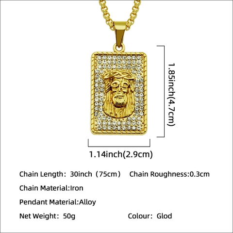 Collar con Colgante Retrato de Jesús Hip Hop para Hombre Aleación de Zinc Chapado en Oro con Diamantes de Imitación Cadena de Caja Joyería Religiosa