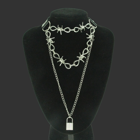 Collana con Lucchetto a Filo Spinato Punk Gothic Choker in Pelle PU Nera Catena in Lega d'Argento a Doppio Strato Gioielli Harajuku