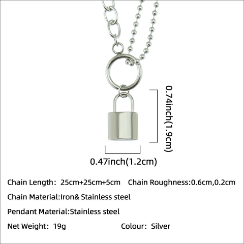 Collier Pendentif Cadenas Double Couche Acier Inoxydable Style Punk Femmes Couleur Argent Chaîne Billes Bijoux Street