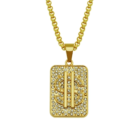 Hip Hop Gold Color Alloy Pave Rhinestone Dollar Sign Pendant Necklace For Men Box Chain Fashion Jewelry Gift