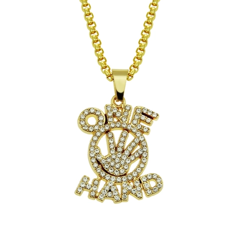 Hip Hop Iced Out Στρας ONE HAND Γράμμα Παλάμη Μενταγιόν Κολιέ για Άνδρες Γυναίκες Επιχρυσωμένο Κράμα Σιδήρου Αλυσίδα Box Κοσμήματα