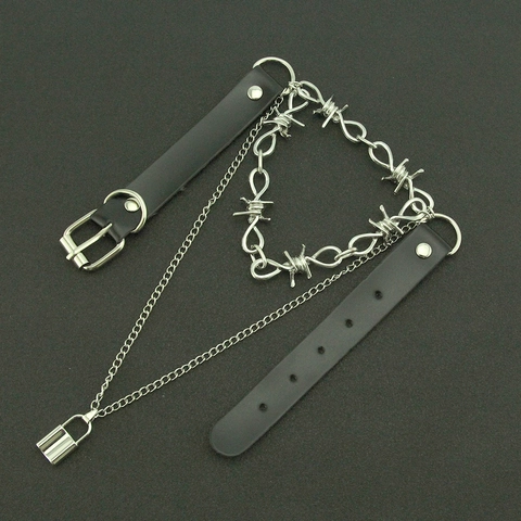 Collana con Lucchetto a Filo Spinato Punk Gothic Choker in Pelle PU Nera Catena in Lega d'Argento a Doppio Strato Gioielli Harajuku