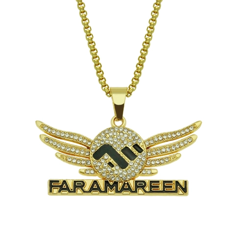 Collier Hip Hop Pendentif Disque Aile d'Ange Pour Hommes Bijoux en Alliage et Strass Motif Lettre Chaîne Vénitienne Or