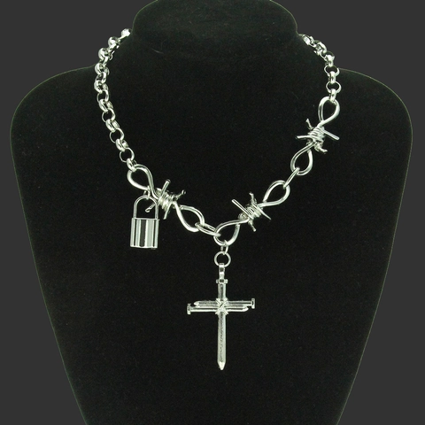 Punk Gothic Barbed Wire Thorn Cross Pendant Necklace Alloy Silver Color Lock Charm Hip Hop Choker Jewelry For Men Women