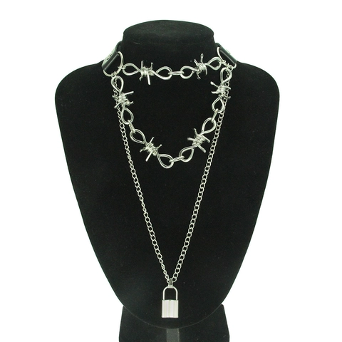 Punk Gothic Black PU Leather Collar Choker Thorn Barbed Wire Chain Necklace With Silver Alloy Lock Pendant For Women Men