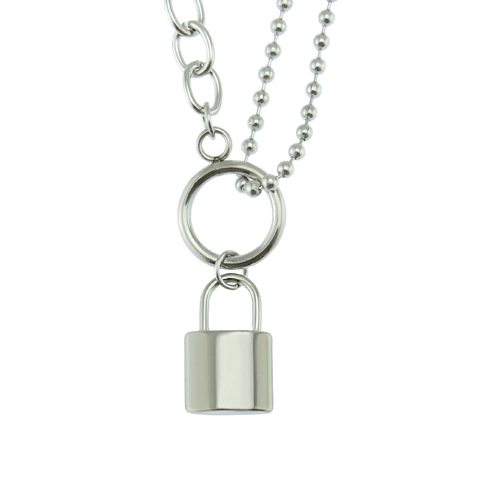 Neutral Doppellagig Edelstahl Eisen Vorhängeschloss Anhänger Halskette Hip Hop Punk Silber Perlenkette Gliederkette Schmuck