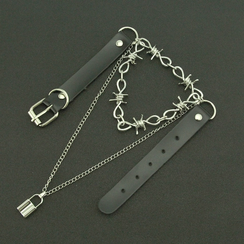 Punk Gothic Black PU Leather Collar Choker Thorn Barbed Wire Chain Necklace With Silver Alloy Lock Pendant For Women Men