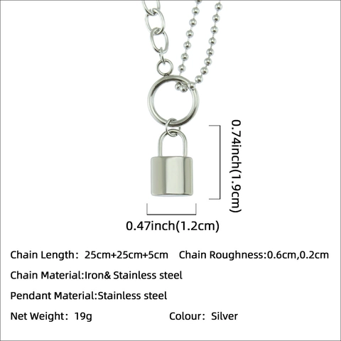 Neutral Doppellagig Edelstahl Eisen Vorhängeschloss Anhänger Halskette Hip Hop Punk Silber Perlenkette Gliederkette Schmuck