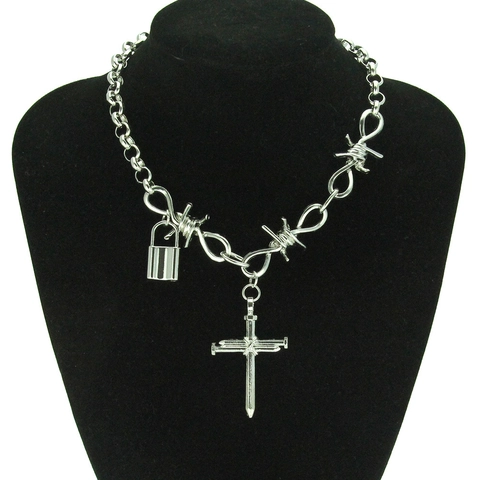 Gothic Punk Silver Alloy Iron Cross Lock Pendant Necklace For Women Barbed Wire Thorn Chain Clavicle Choker Jewelry Gift