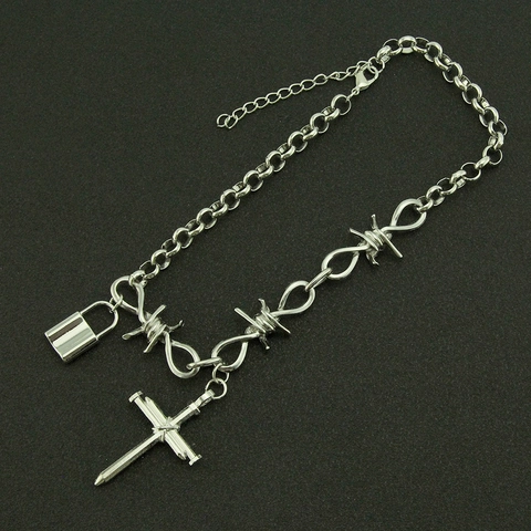 Gothic Punk Silver Alloy Iron Cross Lock Pendant Necklace For Women Barbed Wire Thorn Chain Clavicle Choker Jewelry Gift