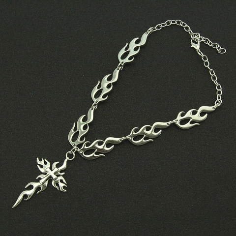 Gothic Punk Flame Cross Pendant Necklace For Women Men Silver Color Alloy Hollow Out Fire Chain Choker Streetwear Jewelry