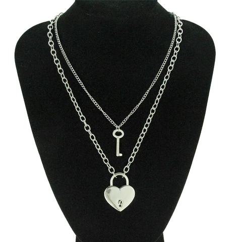 Punk Alloy Silver Color Double Layered Necklace With Heart Lock Key Pendant Smooth Metal Choker Jewelry For Men Women