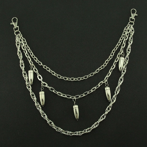 Men Hip Hop Multilayer Metal Pants Chain With Bullet Pendants Punk Streetwear Silver Waist Chain For Jeans Clubwear Decoration