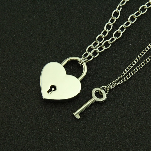 Punk Alloy Silver Color Double Layered Necklace With Heart Lock Key Pendant Smooth Metal Choker Jewelry For Men Women